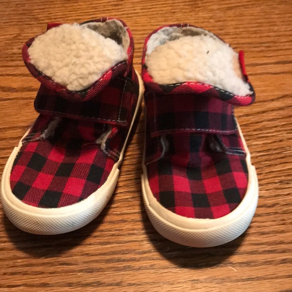red and black buffalo plaid sneakers